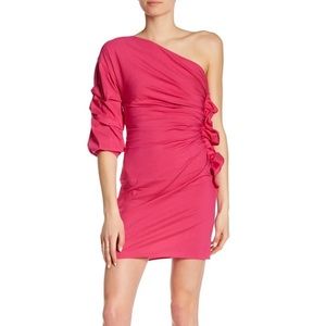 Socialite Women's Pink Poplin One-Shoulder Pouf Sleeve Lined Sheath Dress M